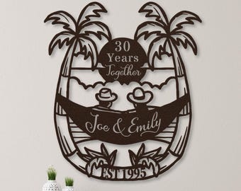 30th Anniversary Gift for Couple, 30 Years Together Tropical Beach Sunset Metal Name Sign Wall Art, Wedding Anniversary Gift for Parents