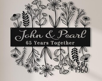 65th Anniversary Gift for Parents, 65 Years Together Wildflower Metal Name Sign Wall Art, Flower Wedding Anniversary Gift for Grandparents