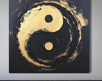 Pintura abstracta Yin Yang, arte mural de círculos metálicos dorados y negros con equilibrio zen, decoración espiritual minimalista moderna, impresión artística en lienzo cuadrado.