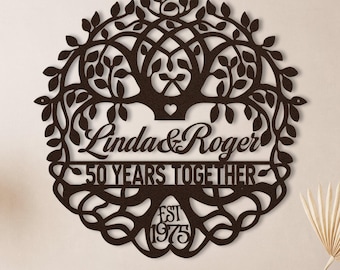 50th Anniversary Gift for Parents & Friends, 50 Years Together Metal Sign, Family Tree of Life Name Wall Art Golden Wedding Anniversary Gift
