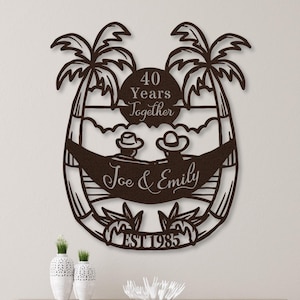 40th Anniversary Gift for Couple, 40 Years Together Tropical Beach Sunset Metal Name Sign Wall Art, Wedding Anniversary Gift for Parents