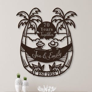 70th Anniversary Gift for Parents, 70 Years Together Tropical Beach Sunset Metal Name Sign Wall Art, Wedding Anniversary Gift for Couple image 1