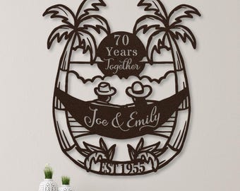 70th Anniversary Gift for Parents, 70 Years Together Tropical Beach Sunset Metal Name Sign Wall Art, Wedding Anniversary Gift for Couple