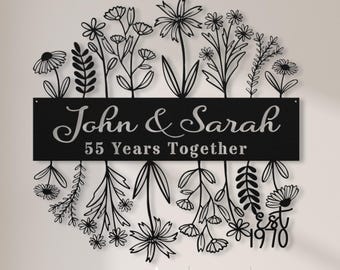 55th Anniversary Gift for Parents, 55 Years Together Wildflower Metal Name Sign Wall Art, Flower Wedding Anniversary Gift for Grandparents