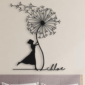 Metal Dandelion Art, Fairy Dandelion Metal Sign, Personalized Dandelion Garden Art, Custom Name Dandelion Wall Decor with Flying Seed Petals
