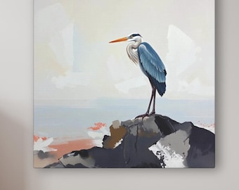 Pintura de garza azul grande sobre lienzo o póster, impresión artística de pared, obra de arte abstracto de paisaje costero neutro y apagado, decoración moderna de aves marinas oceánicas