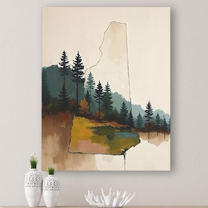 Abstract New Hampshire State Silhouette Wall Art Print, Mountain Pine Tree Forest Landscape Painting, Muted Color Green Blue & Beige Artwork image 1