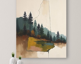 Abstract New Hampshire State Silhouette Wall Art Print, Mountain Pine Tree Forest Landscape Painting, Muted Color Green Blue & Beige Artwork