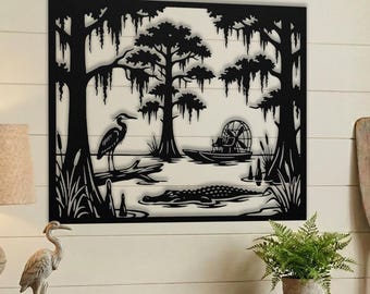Louisiana Bayou Metal Wall Art - Swamp Scene Silhouette with Alligator, Heron & Airboat - Rustic Southern Home Decor - Farmhouse Cabin Sign
