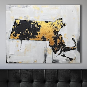 Abstract Massachusetts State Silhouette Wall Art Print, Modern Minimalist Painting In Gold Black And Gray Color Urban Grunge Artwork Decor image 1