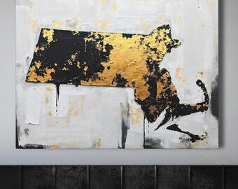 Abstract Massachusetts State Silhouette Wall Art Print, Modern Minimalist Painting In Gold Black And Gray Color Urban Grunge Artwork Decor