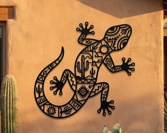 Aztec Gecko Metal Wall Art • Oversized Southwestern Tribal Lizard Decor • Cactus Desert Outdoor Metal Wall Decor • Metal Yard Art
