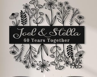60th Anniversary Gift for Parents, 60 Years Together Wildflower Metal Name Sign Wall Art, Flower Wedding Anniversary Gift for Grandparents