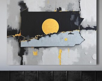 Abstract Pennsylvania State Silhouette Wall Art Print, Modern Minimalist Painting In Gold Black Silver Gray Color Urban Grunge Artwork Decor