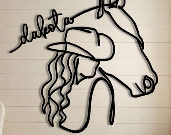 Gepersonaliseerde bord paard meisje, aangepaste naam abstracte cowboyhoed en lijntekeningen paard, minimalistisch decor cowgirl, boho western kamer, ruitercadeau