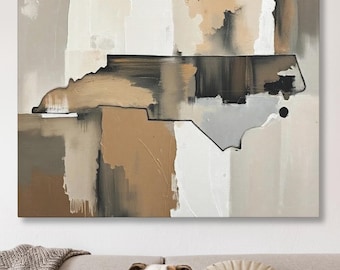 Abstract North Carolina State Silhouette Wall Art Print, Modern Minimalist Painting in Neutral Muted Color Artwork, Brown Beige Gray Decor