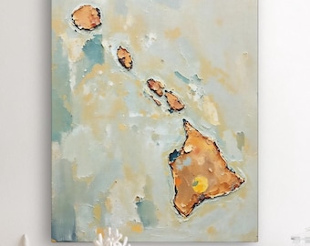 Impresión artística de pared con silueta abstracta del estado de Hawái, pintura texturizada minimalista moderna en colores neutros y apagados, decoración en azul aguamarina y naranja.