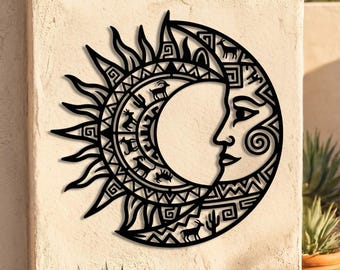 Sun Moon Metal Wall Art • Southwestern Tribal Aztec Desert Decor • Oversized Outdoor Metal Wall Decor • Large Sun and Moon Metal Yard Art