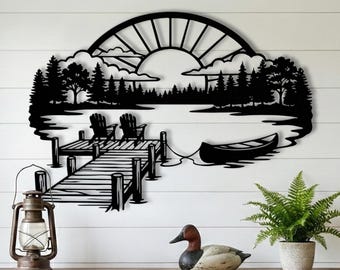 Rustic Lake House Metal Wall Art - Sunrise Dock, Canoe & Adirondack Chairs Silhouette Decor