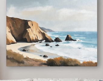 Pintura abstracta de océano costero, impresión artística de paisaje marino horizontal moderno, lienzo de costa rocosa, decoración de pared con olas de playa en tonos neutros y apagados.