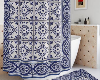Blue and White Floral Tile Print Shower Curtain and Bath Mat Set, Navy Blue Boho Farmhouse Bathroom Decor, Memory Foam Plush Bathmat Rug
