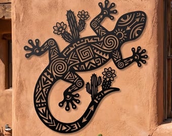 Boho Gecko Metal Wall Art • Southwestern Mandala Cactus Flower Lizard Decor • Oversized Outdoor Metal Wall Decor • Whimsical Metal Yard Art
