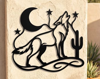 Howling Coyote Metal Wall Art • Southwestern Desert Wolf Moon Sign • Outdoor Metal Wall Decor • Celestial Metal Yard Art Patio Garden