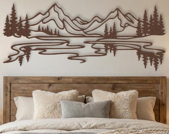 Arte de pared de metal de lago de montaña • Decoración amplia sobre la cama • Letrero de reflexión de la naturaleza • Regalo de cabaña moderna • Paisaje horizontal estrecho • Escena de río