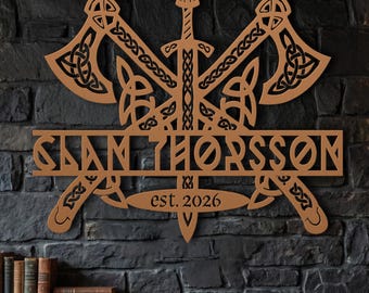 Custom Family Name Sign • Viking Crossed Axes Wall Art • Personalized Metal Coat of Arms • Legacy Father's Day Gift • Man Cave Decor
