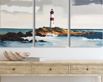 Abstract Coastal Lighthouse Triptych Wall Art Print Poster or Framed Canvas, Set of 3 Panels, Nautical Ocean Waves Landscape Painting