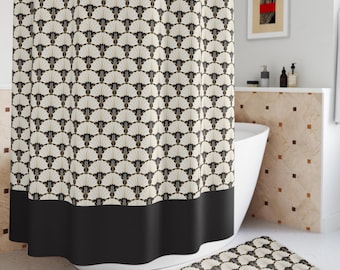 Art Deco Shower Curtain and Bath Mat Set, Elegant Vintage Bathroom Decor and Accessories, Stylish Black White Memory Foam Plush Bathmat Rug