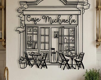 Letrero de cafetería personalizado • Arte con nombre de cocina personalizado • Decoración de bistró francés • Regalo de cafetería para mamá • Arte lineal de metal • Bonita decoración de pared para comedor