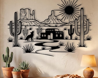 Arte mural metálico del suroeste, paisaje de cactus saguaro y coyotes, decoración de casas de adobe, escena del oeste moderna, letrero metálico grande, arte natural