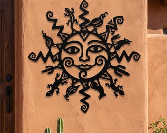Southwestern Tribal Sun Metal Wall Art • Kokopelli Gecko Desert Decor • Large Outdoor Metal Wall Decor • Aztec Wacky Sun Metal Yard Art