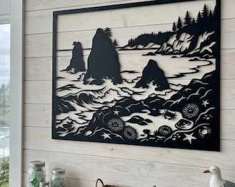 PNW Küstenlandschaft Metallwandkunst - Oregon & Washington Sea Stacks mit Gezeitenbecken - Rustikales Strandhausdekor - Ocean Starfish Silhouette