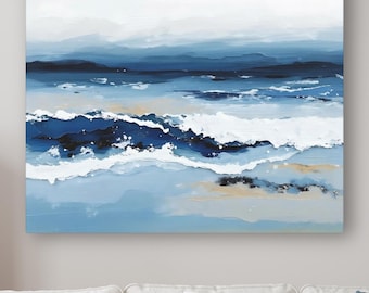 Abstract Ocean Waves Sea Painting in Rich Blue Tones, Crashing Beach Waves, Calming Seascape, Coastal Wall Decor, Horizontal Canvas Or Print