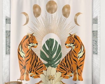 Tiger Shower Curtain and Bath Mat Set, Maximalist Bathroom Decor & Accessories, Lotus Flower Palm Leaf Sun Moon Phases, Exotic Jungle Animal