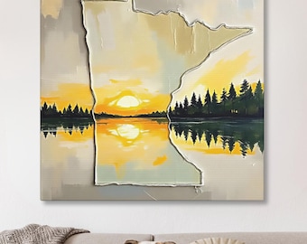Abstract Minnesota State Silhouette Wall Art Print, Modern Lake Landscape Sunrise Painting In Neutral Muted Colors, Artwork Home Decor Gift