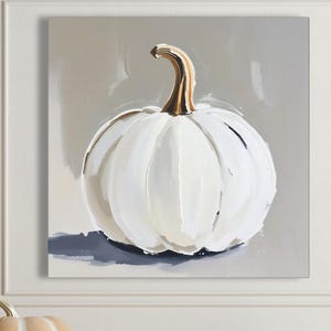 Pintura abstracta de calabaza blanca, decoración de pared otoñal en tonos beige y gris neutros, impresión artística otoñal de estilo rústico moderno, arte minimalista de Halloween en colores apagados imagen 1