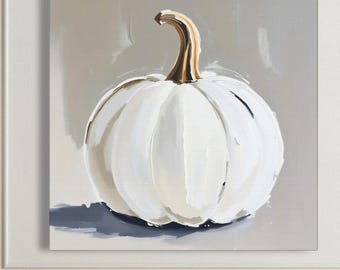 Pintura abstracta de calabaza blanca, decoración de pared otoñal en tonos beige y gris neutros, impresión artística otoñal de estilo rústico moderno, arte minimalista de Halloween en colores apagados