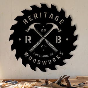 Metal Woodworking Sign, Personalized Saw Blade Wall Art, Custom Workshop Decor, Carpenter Gift for Dad Husband, Garage Shop Man Cave Sign