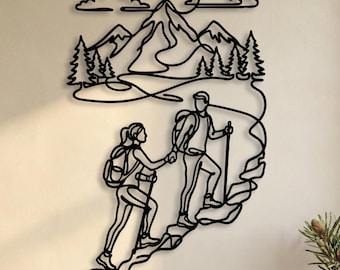 Hiking Couple Metal Art • Mountain Line Art • Outdoor Lover Gift • Hiker Wall Decor • Cabin Sign • Oversized Wall Art • Extra Large