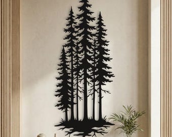 Arte de pared de pino de metal • Decoración de pared estrecha • Letrero de bosque vertical • Arte alto y delgado • Porche de cabaña al aire libre • Entrada rústica • Tamaño personalizado