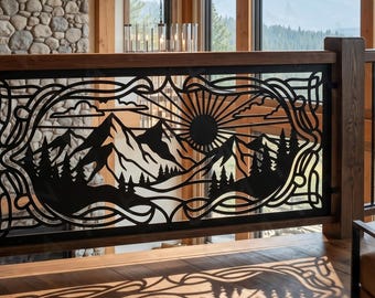 Mountain Sunrise Metal Fence Panel • Outdoor Balcony Privacy Screen • Deck Pergola Railing Insert • Patio Steel Yard Art • Lodge Cabin Decor