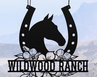 Custom Ranch Sign • Personalized Driveway Gate • Extra Large Horse Address Plaque • Floral Horseshoe • Metal Name Sign • Farmhouse Exterior