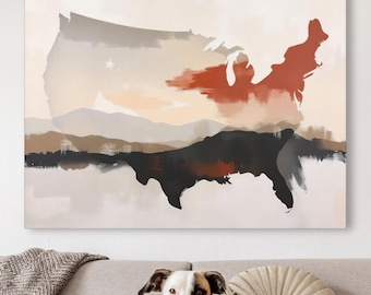 Impresión de arte mural abstracto americano, pintura de Estados Unidos, obra de arte con paisaje y mapa de los Estados Unidos, decoración minimalista para el hogar en colores neutros y apagados.