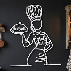 White minimalist woman chef silhouette on black wall showing customizable text options for name and platter phrase.