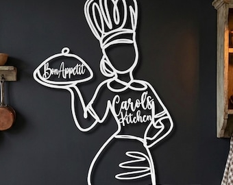 Personalized Woman Chef Sign • Custom Kitchen Name Art • Bon Appetit Decor • Cooking Gift for Mom • Metal Line Art • Culinary School Gift