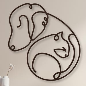 Metal Cat and Dog Hanging Wall Art, Metal Dog and Cat Sign, Modern Minimalist Line Art Cat and Dog Friendship Metal Wall Sculpture Artwork