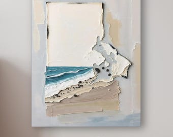 Abstract Rhode Island State Silhouette Wall Art Print, Neutral Ocean Landscape Painting, Muted Color Blue & Beige Artwork, Beach House Decor